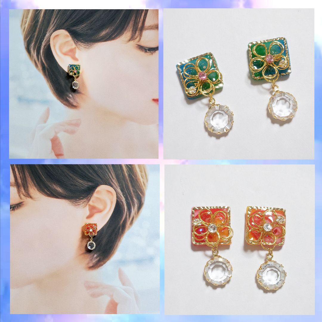 【662】ワイヤーフラワーとウェーブパーツのピアス／イヤリング