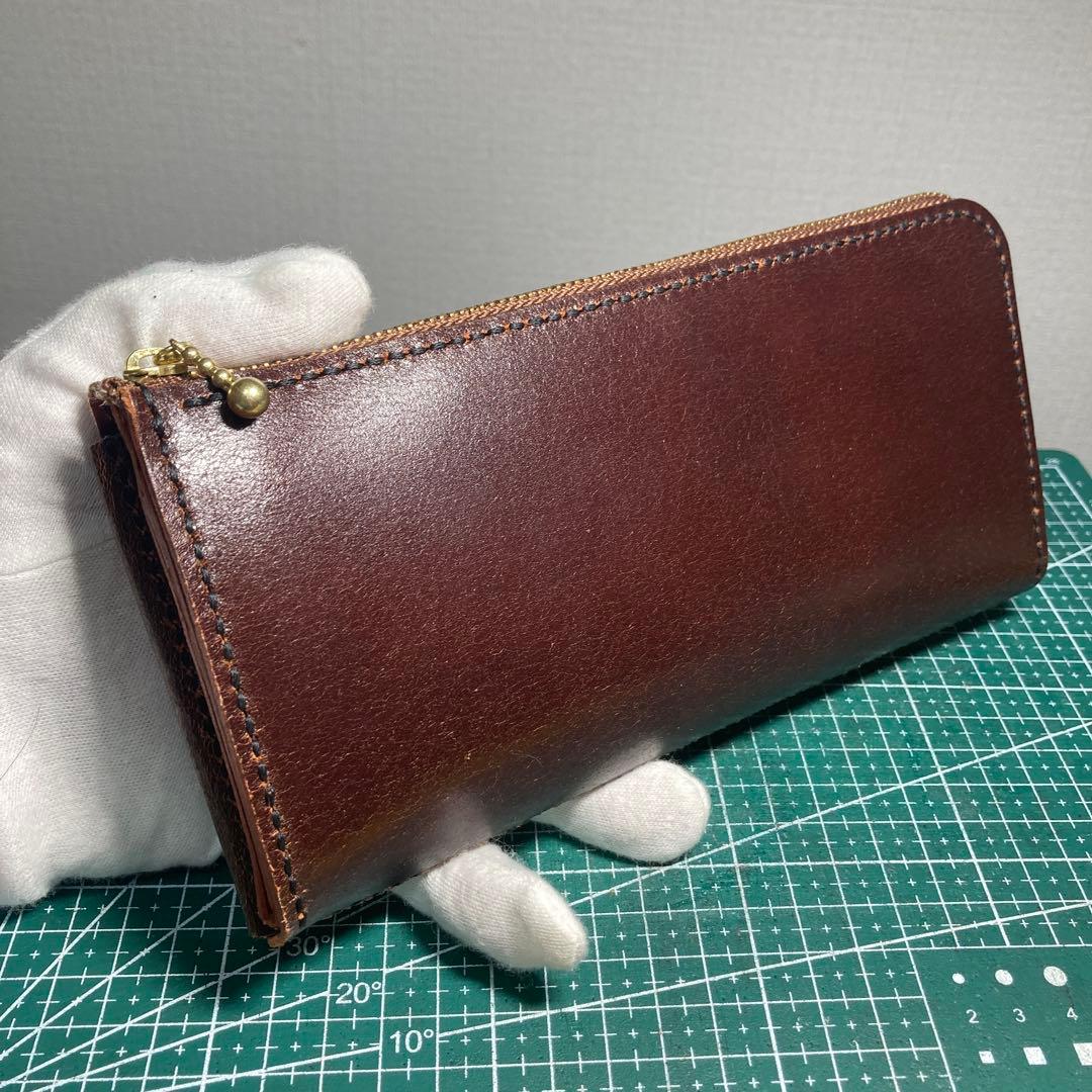 ハンドメイド　ブラウンヌメ革レザー長財布 ゴールドファスナー付き
