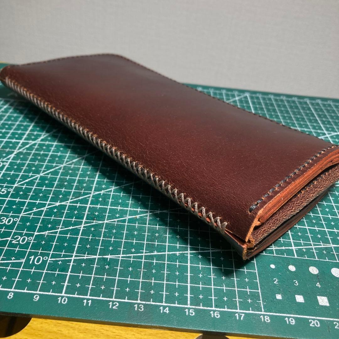 ハンドメイド　ブラウンヌメ革レザー長財布 ゴールドファスナー付き