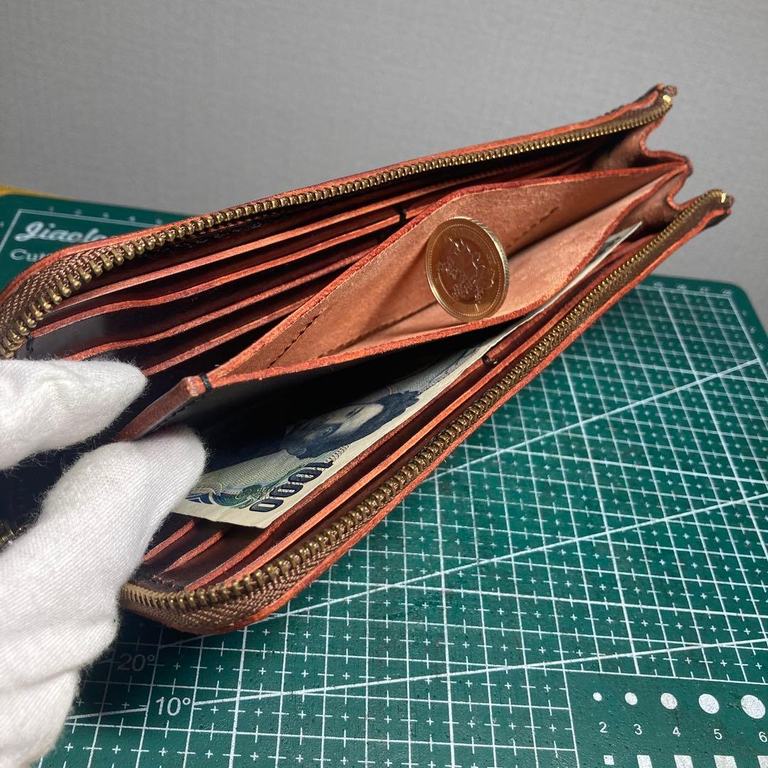 ハンドメイド　ブラウンヌメ革レザー長財布 ゴールドファスナー付き