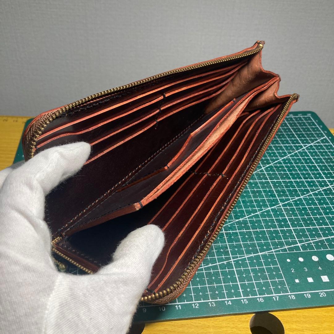ハンドメイド　ブラウンヌメ革レザー長財布 ゴールドファスナー付き