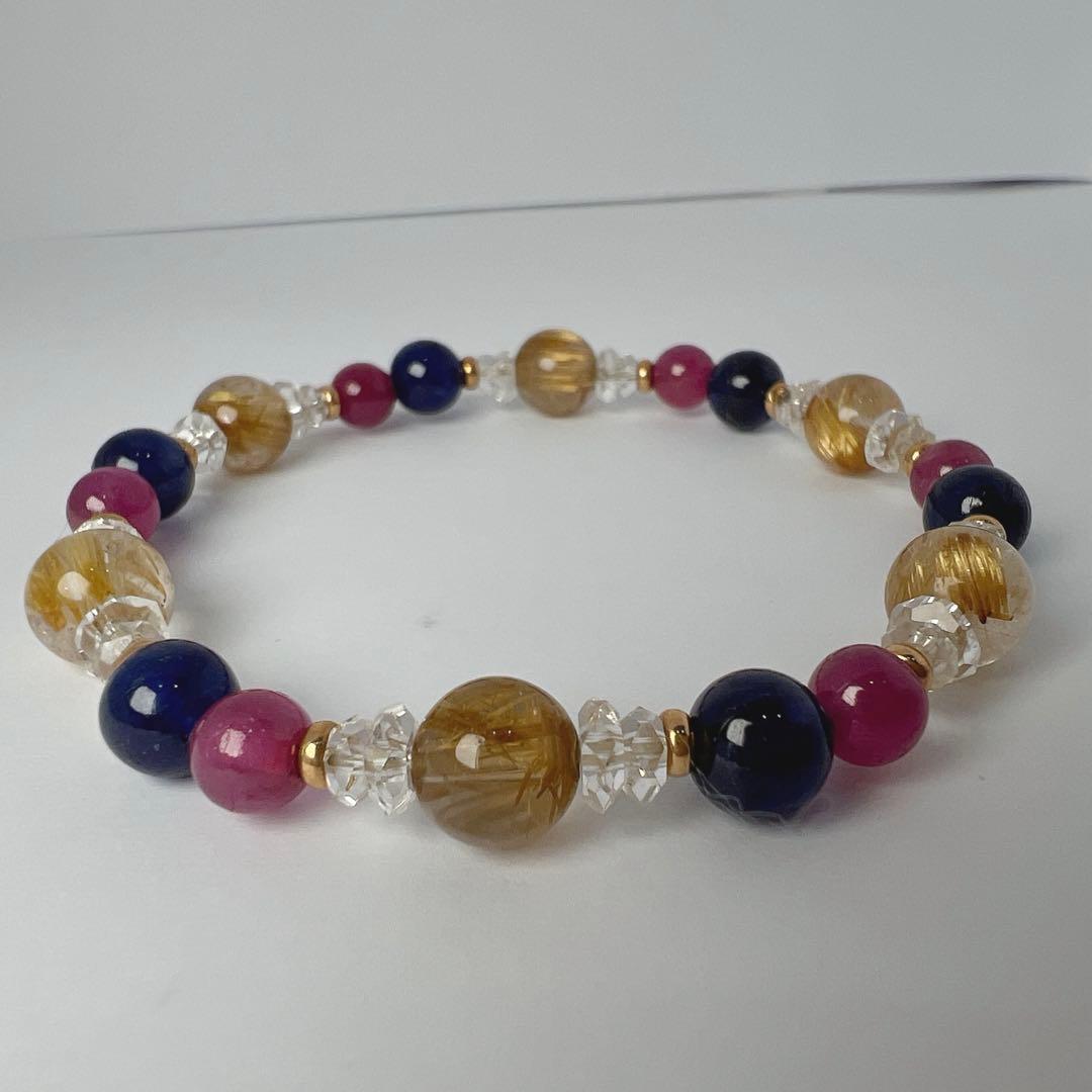 カラフル天然石ブレスレット ルチル ピンク ブルー デザイン[袋付]