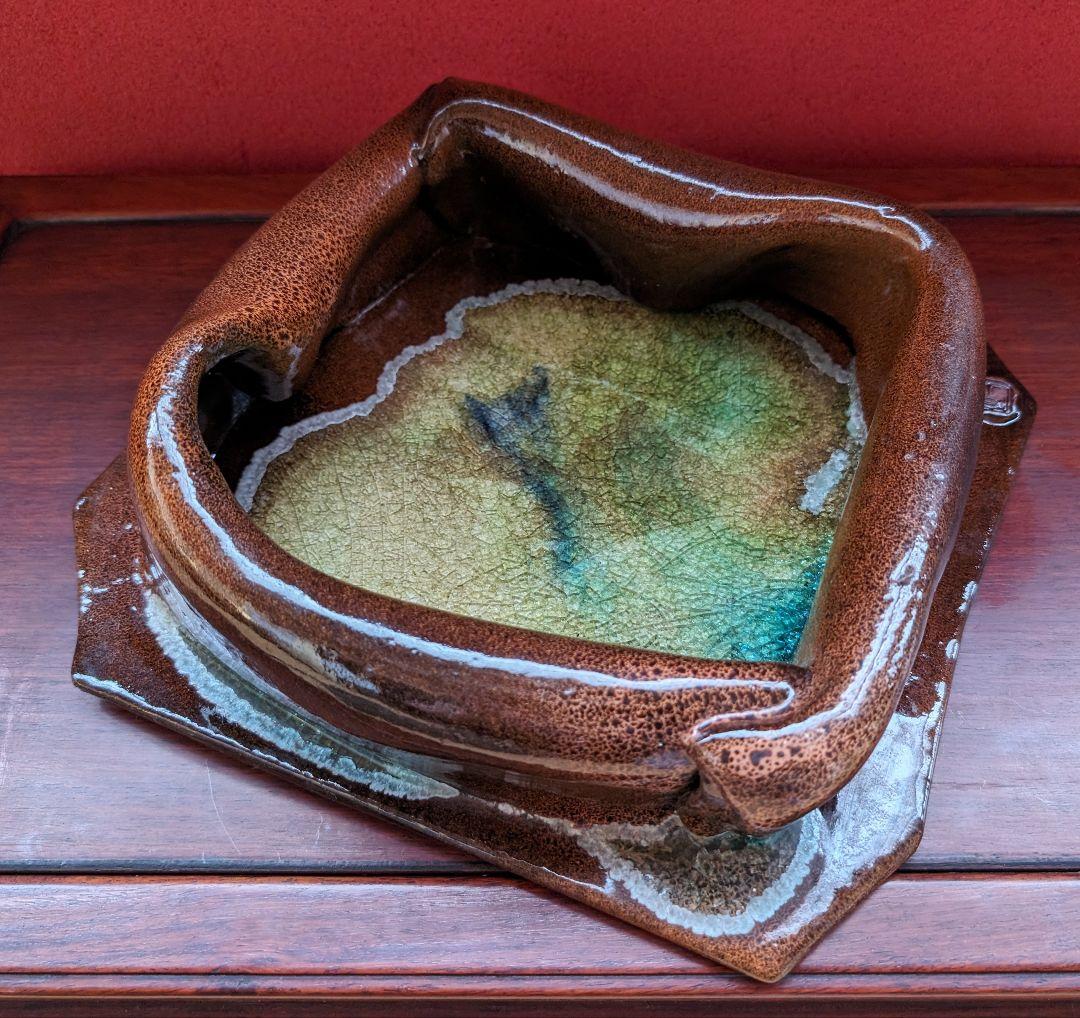 【高光一生】 陶芸 灰皿 オブジェ 花生 茶 緑青 神の子池