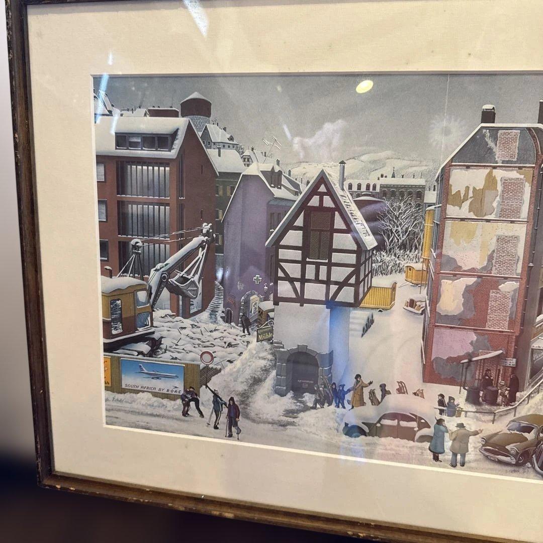 ヨルグミュラー 都市風景 雪景色 アートポスター 額入り 1963 ヴィンテージ
