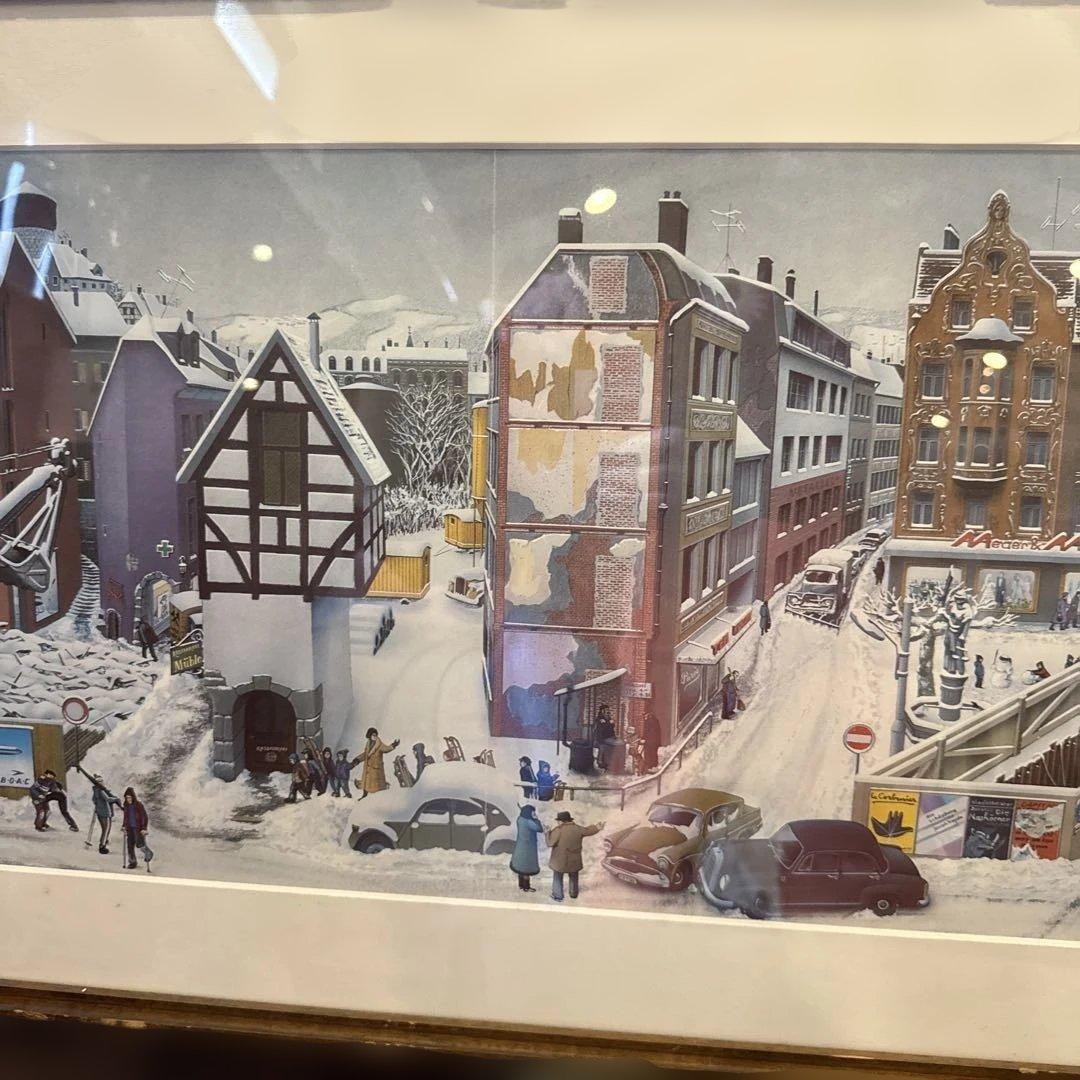 ヨルグミュラー 都市風景 雪景色 アートポスター 額入り 1963 ヴィンテージ