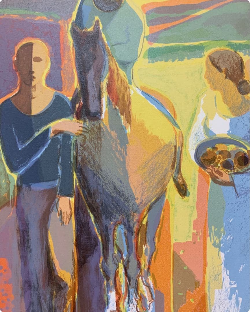 真作　斉藤静輝　人と馬との景　リトグラフ　版画　直サイン　直ED