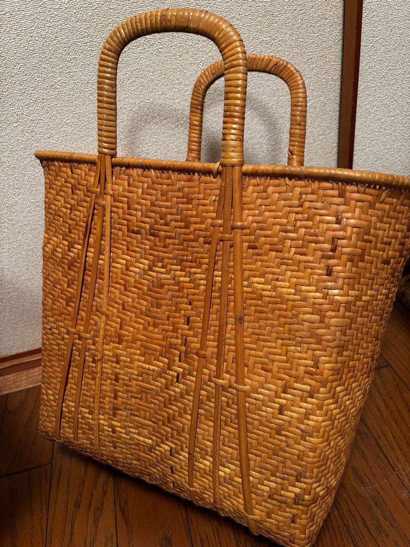 【美品】伝統工芸 竹編み 籠バッグ 手提げ かご 飴色