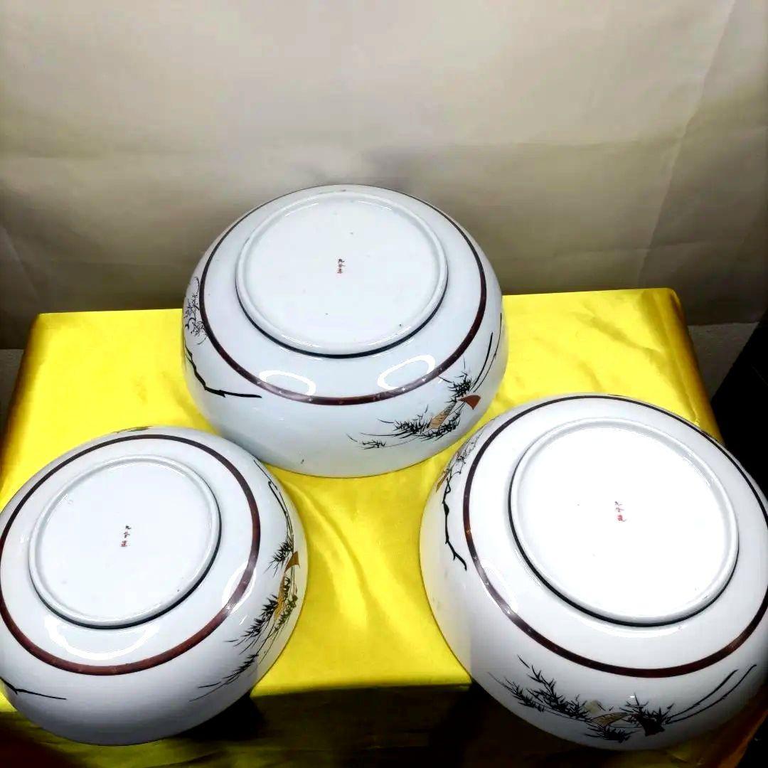 九谷焼　古九谷　金彩　色絵　三ツ鉢　小鉢　中鉢　大鉢　8寸9寸1尺鉢　3客セット