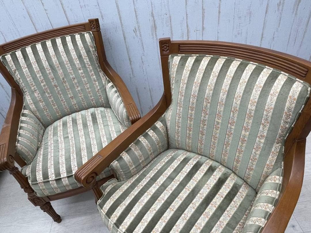 ロココ調 リビングチェア 肘掛け 彫刻 2脚 まとめて 布張り 一人掛け ソファ