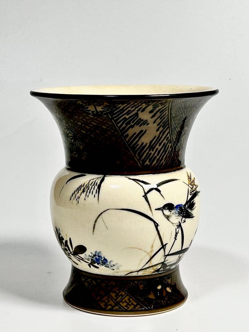 帯山与兵衛 珍品 釉下彩 京薩摩 花鳥文尊形花瓶 帯山