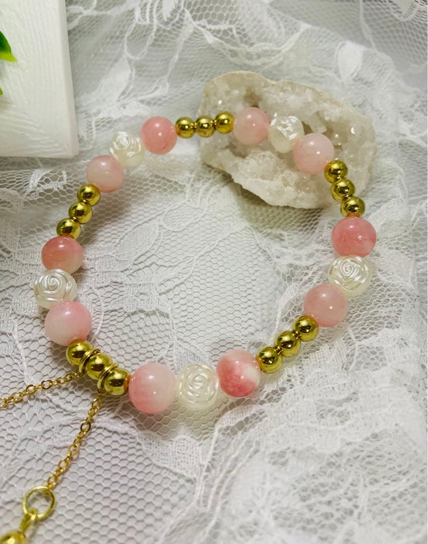 天然石翡翠ピンク♡ピアス＆ブレスレット