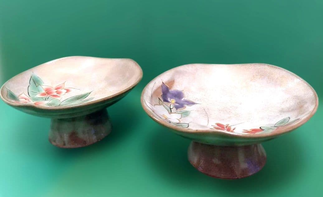 希少✨【土淵陶あん】清水焼　京焼　足付き　台付き　皿　色絵付け　2個