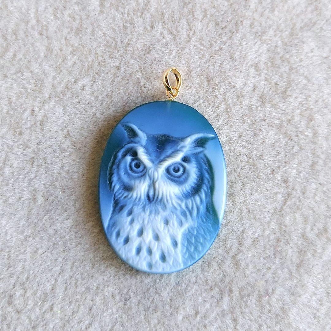 ふくろう　ストーン　カメオ　K18　ペンダントトップ