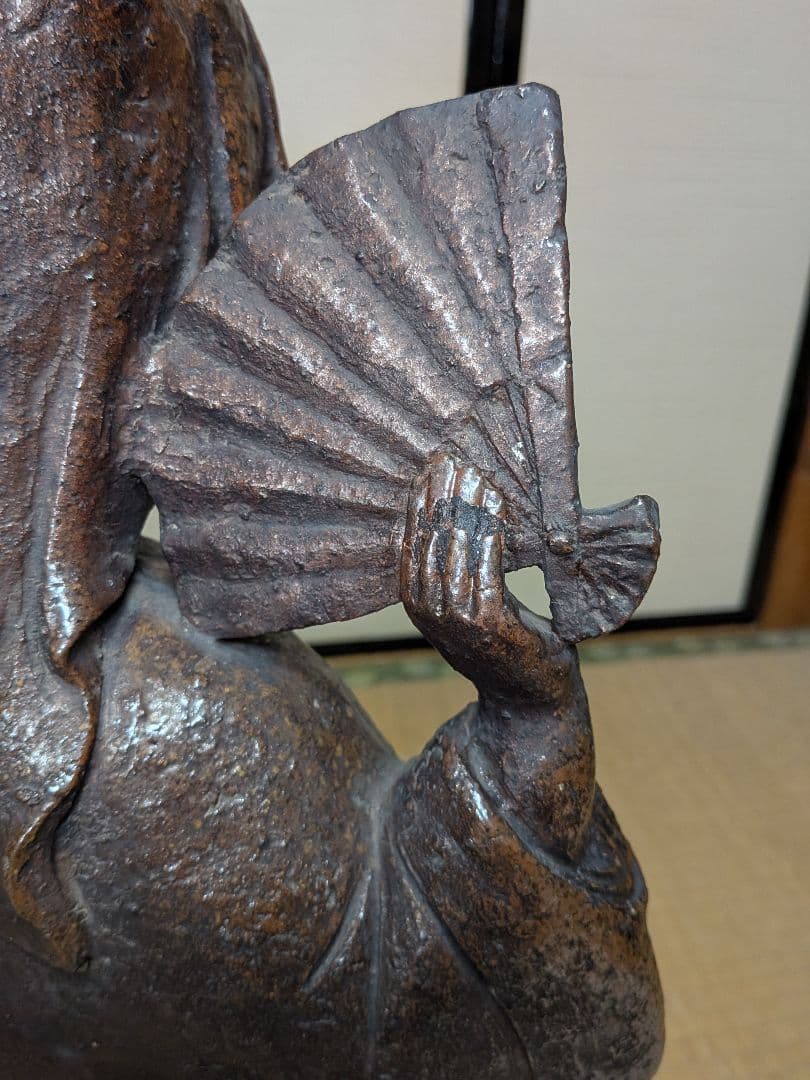 明治～昭和初期 一木作 備前焼 踊る娘像 扇子 陶像 百姓 農家 舞妓 舞姫