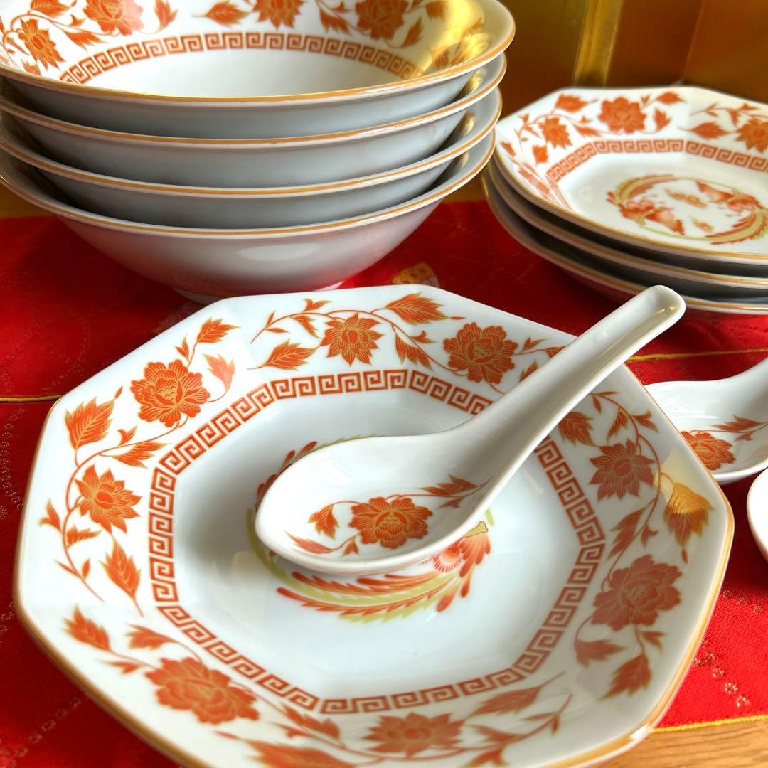 【未使用品】ナルミ　鳴海　中華皿セット　鳳凰　レンゲ付ラーメン鉢・八角皿4客