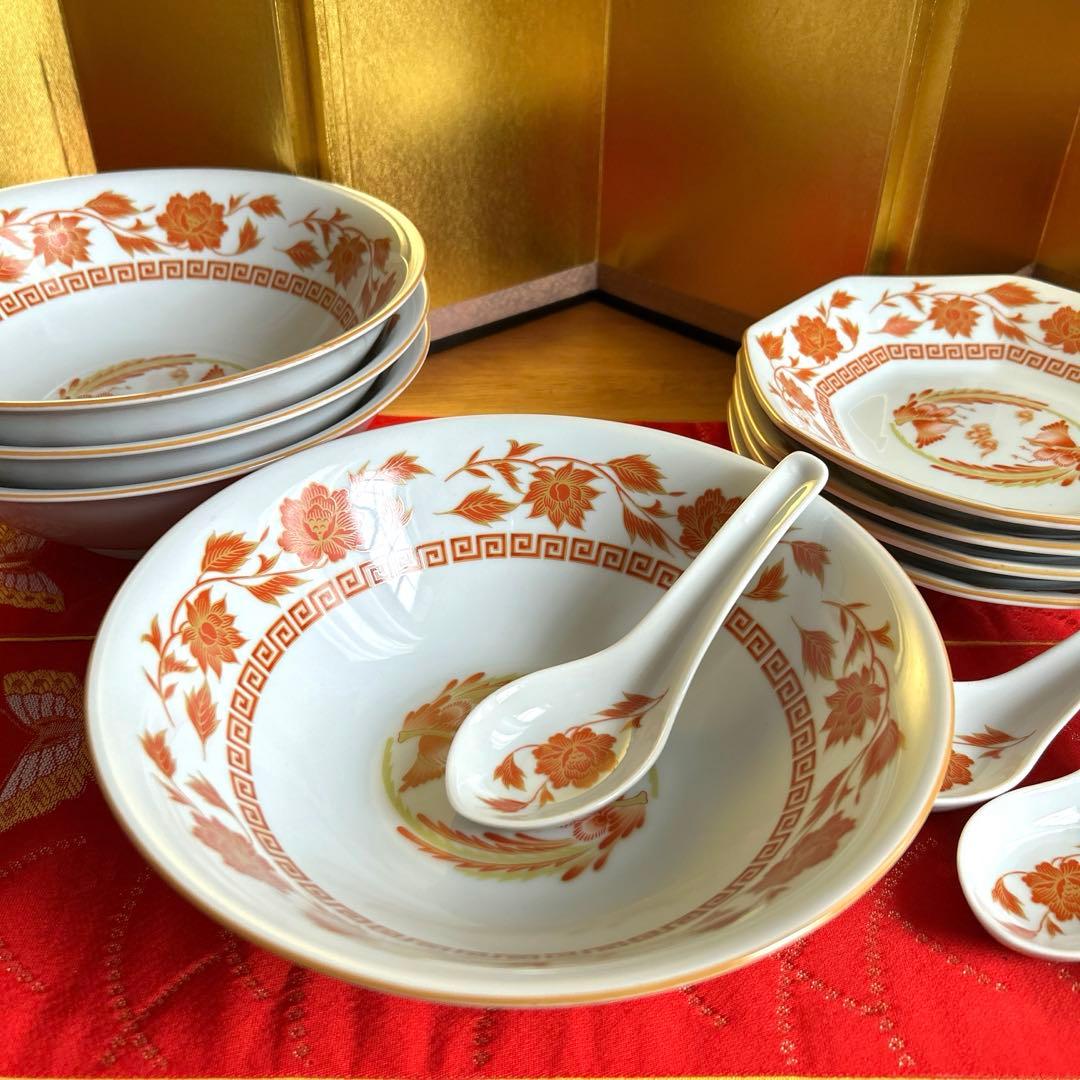 【未使用品】ナルミ　鳴海　中華皿セット　鳳凰　レンゲ付ラーメン鉢・八角皿4客