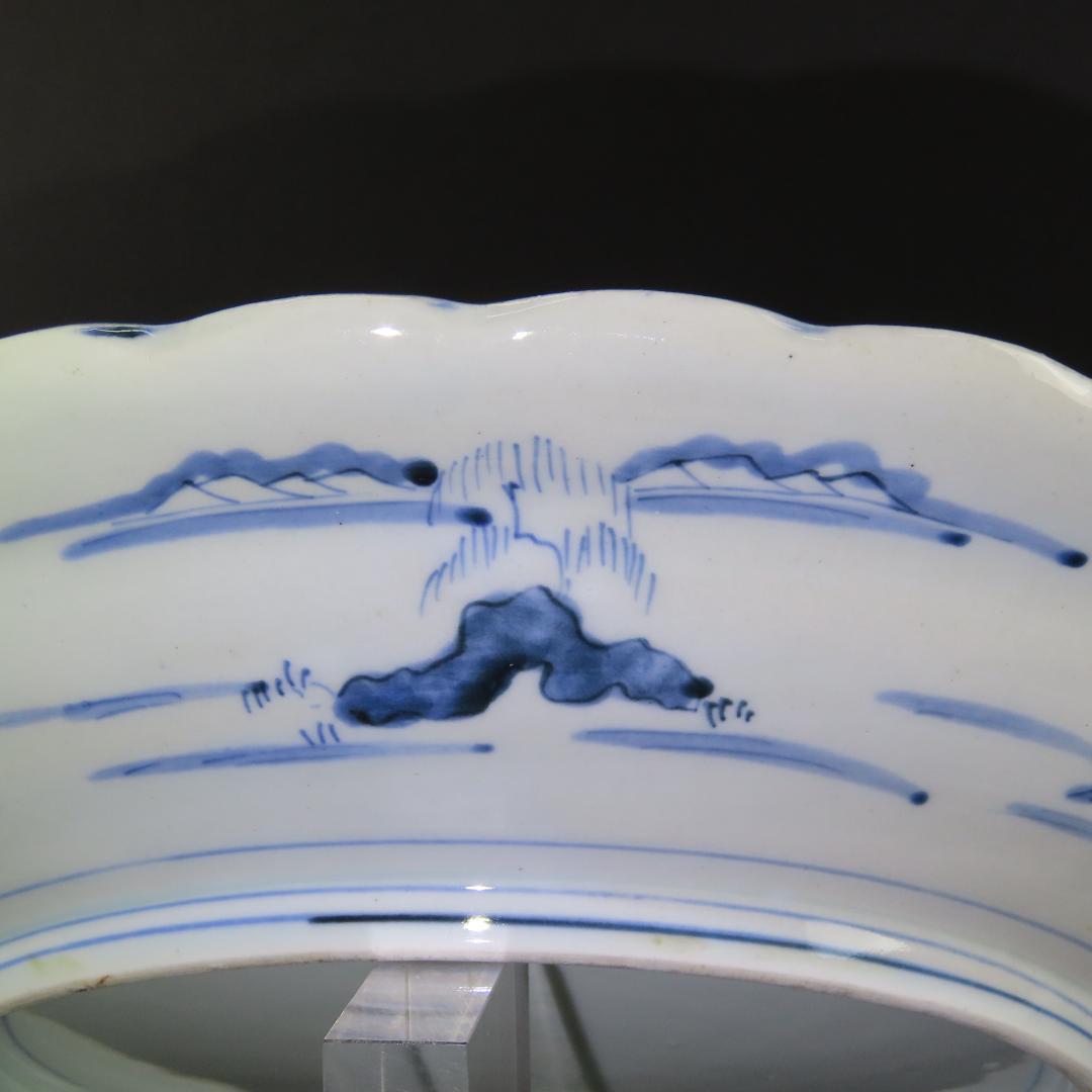⭕051 古伊万里 染付 大皿３９cm 帆舟楼閣山水図 無傷 江戸時代
