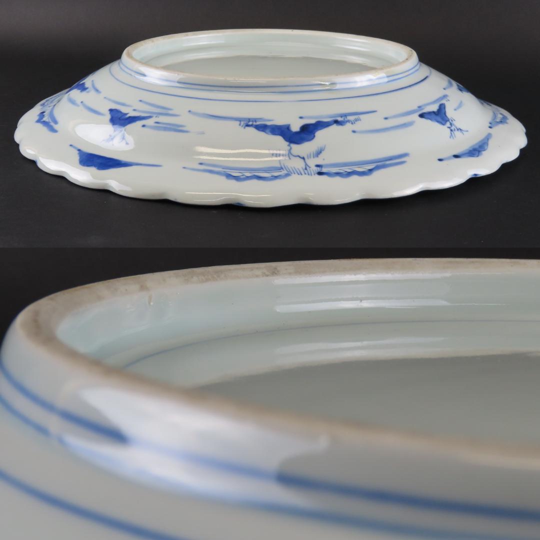 ⭕051 古伊万里 染付 大皿３９cm 帆舟楼閣山水図 無傷 江戸時代