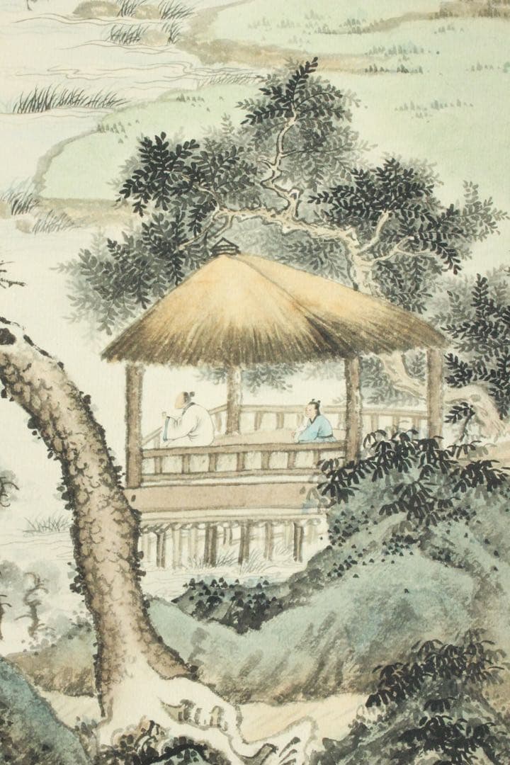 No5570掛軸　無落款　山水図　紙本着色　唐画　中国画　古画　古美術　送料無料