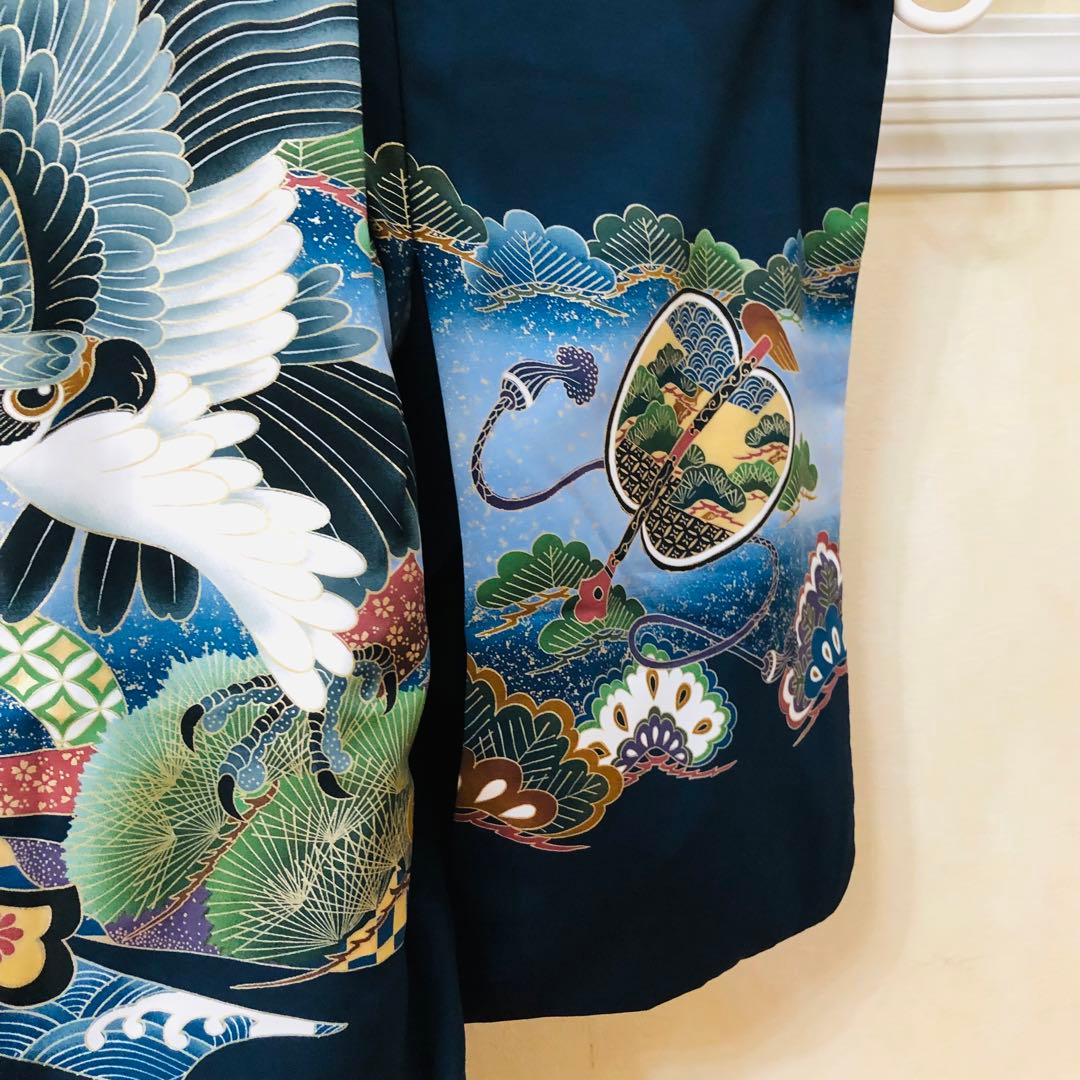 七五三五歳フルセット‼️人気黒地系⭐︎鷹凛々しい金彩煌びやか⭐︎袴縞スタイルアップ銘品