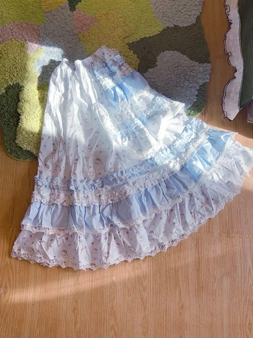 新品　水色　フレアロングスカート　フリル　レース　綿コットンリメイク風 レトロ