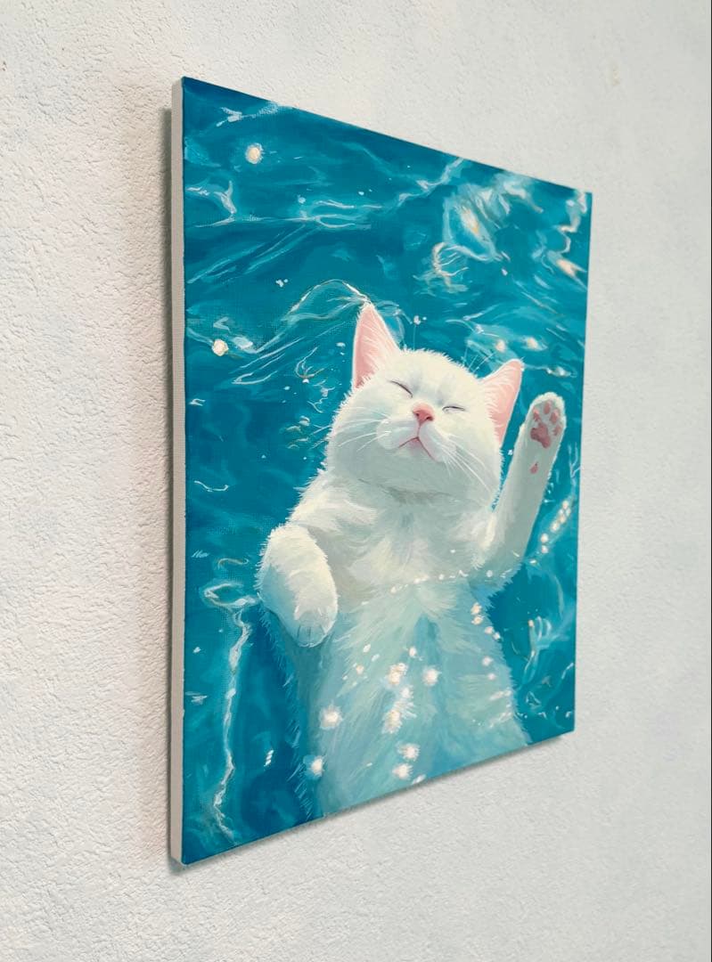 原画　F3キャンバス 海に浮かぶ白猫　手描き　アクリル画　ハンドメイド