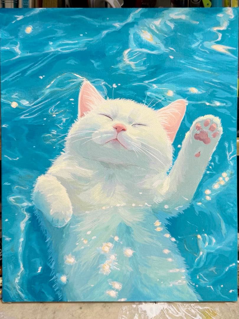 原画　F3キャンバス 海に浮かぶ白猫　手描き　アクリル画　ハンドメイド