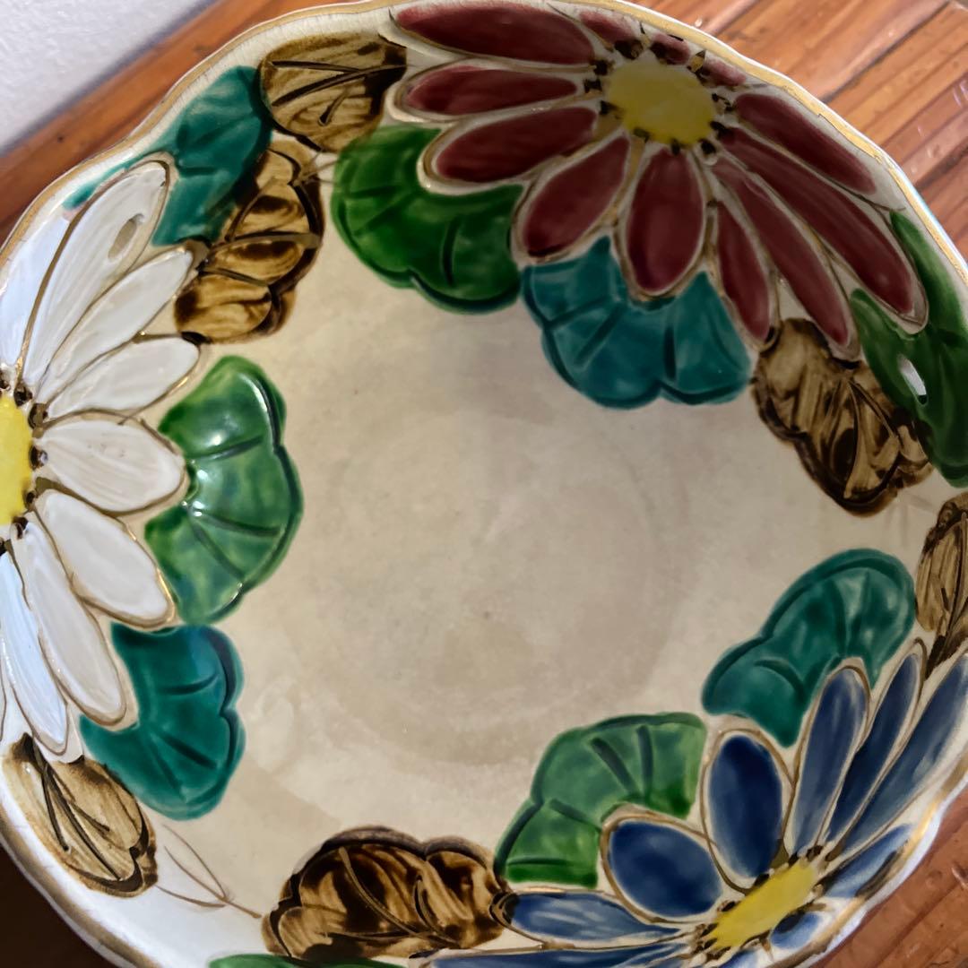 ＊京焼清水焼雲楽造り＊透かし彫り金彩菓子器　花柄陶器ボウル19cm