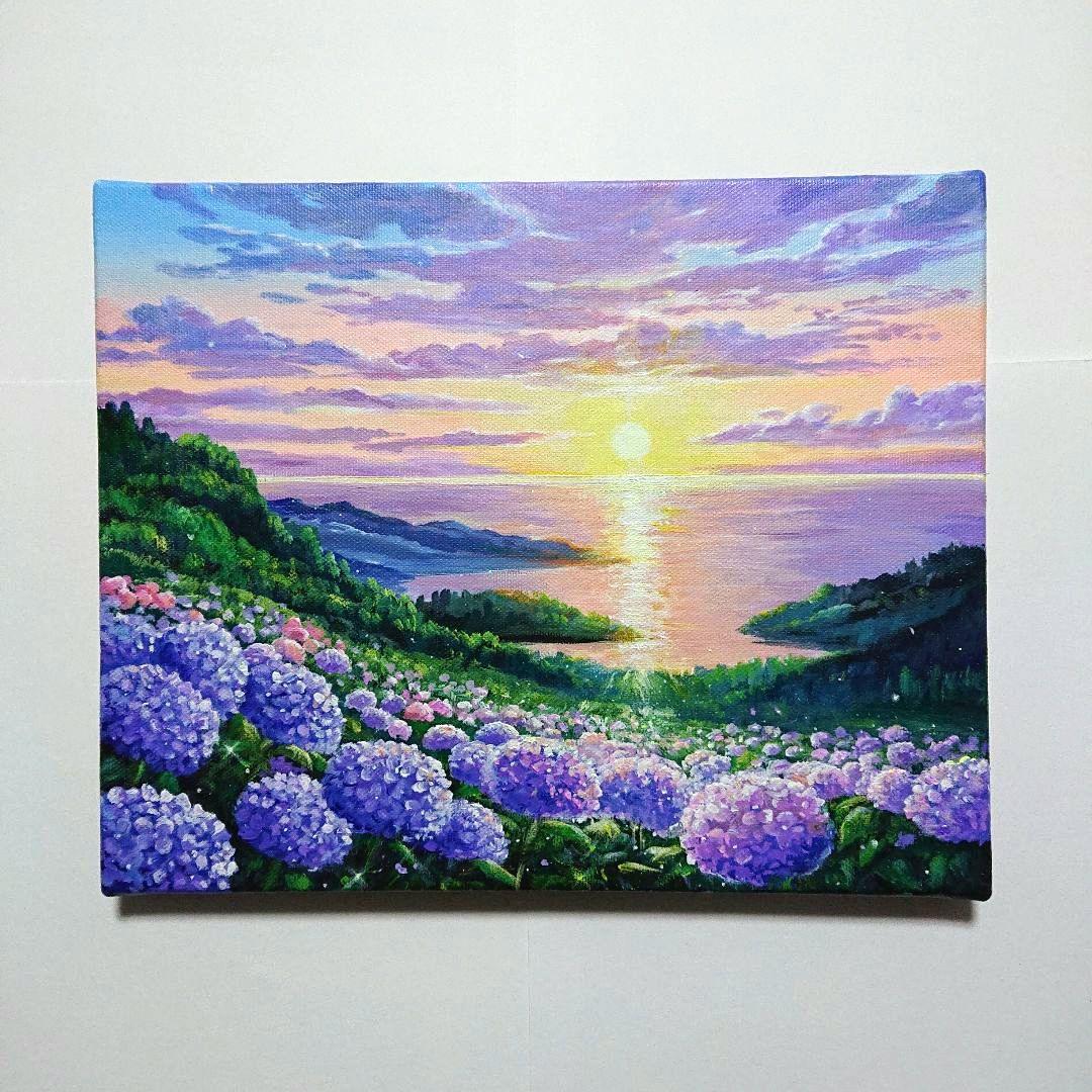 【夕刻の紫陽花】アクリル画 F3 風景画 絵画