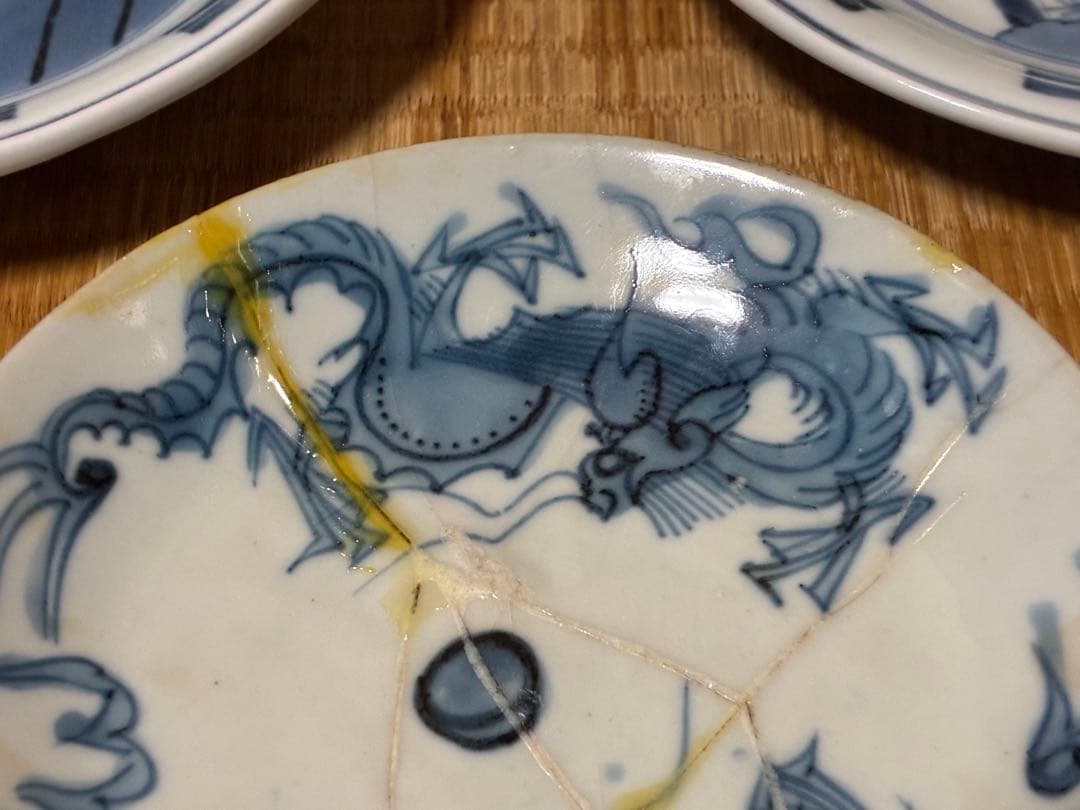 中国 唐物 李朝 染付 人物 龍紋 中皿 三枚 時代物 直しあり 印あり