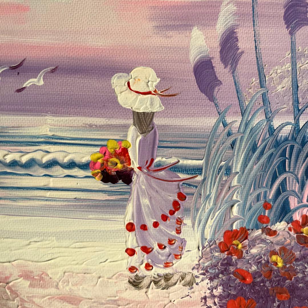 手書き油絵 海を眺める少女 額付 インテリア 油彩画 肉筆絵画