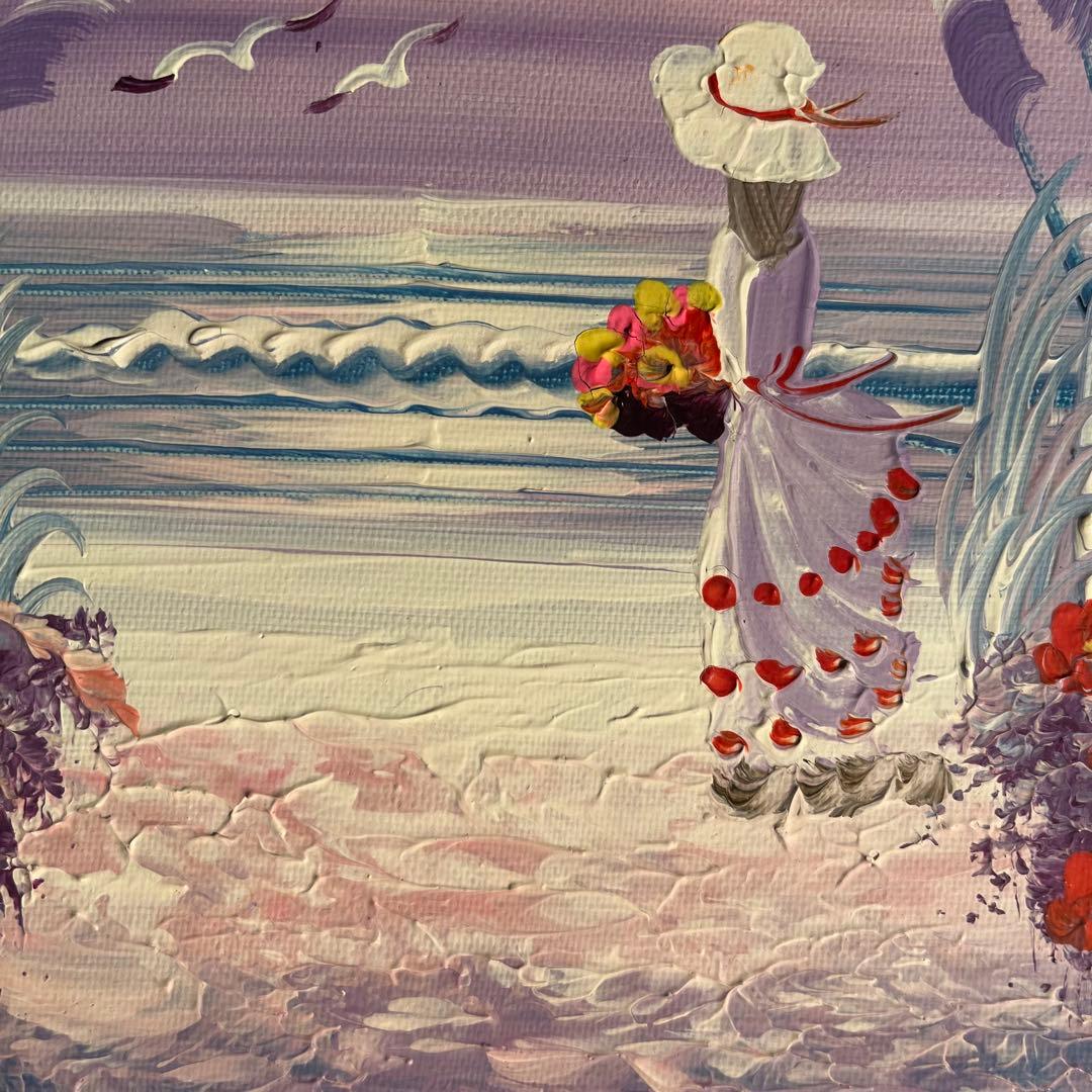 手書き油絵 海を眺める少女 額付 インテリア 油彩画 肉筆絵画