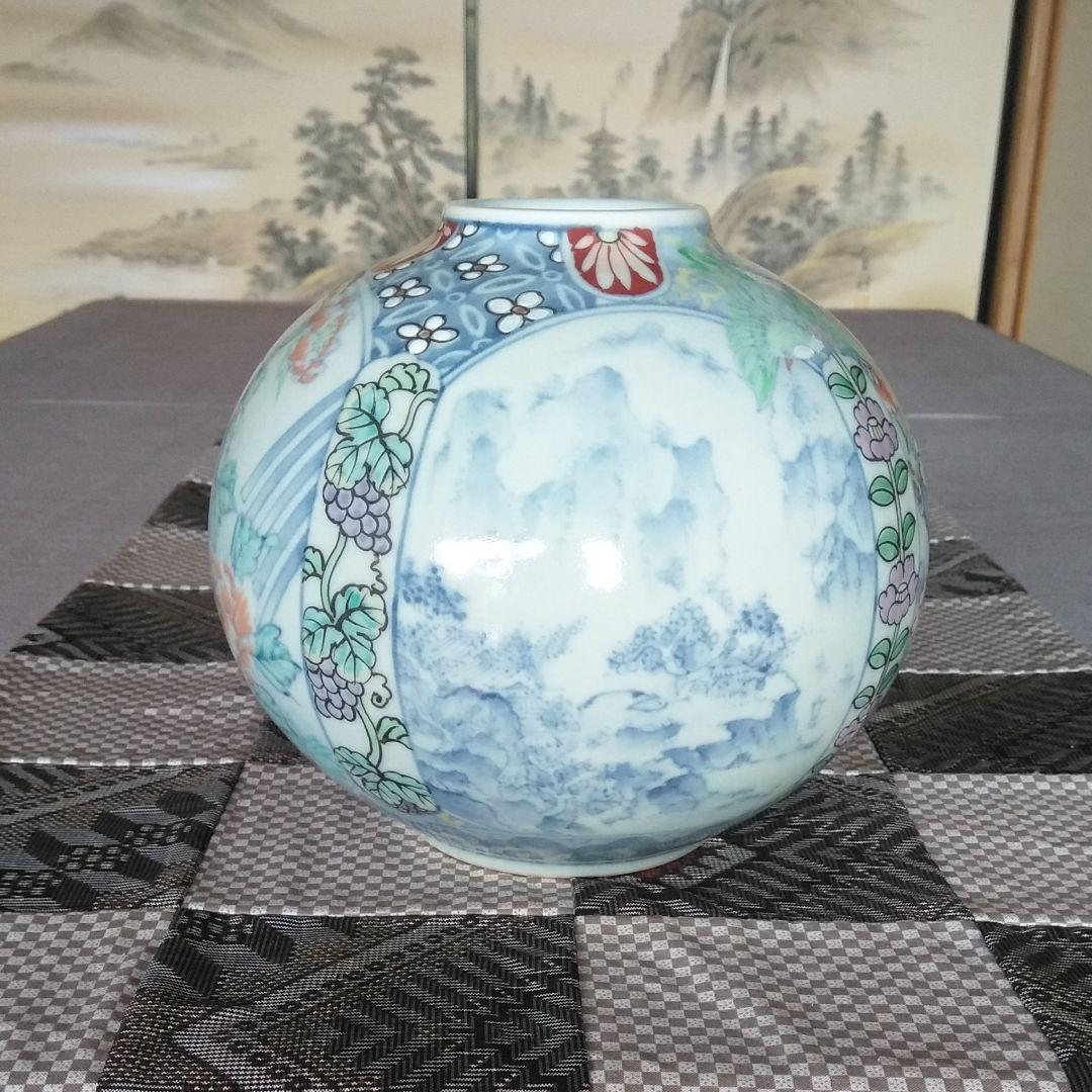 有田焼 走波窯 六代走波作 染錦花鳥文山水壷