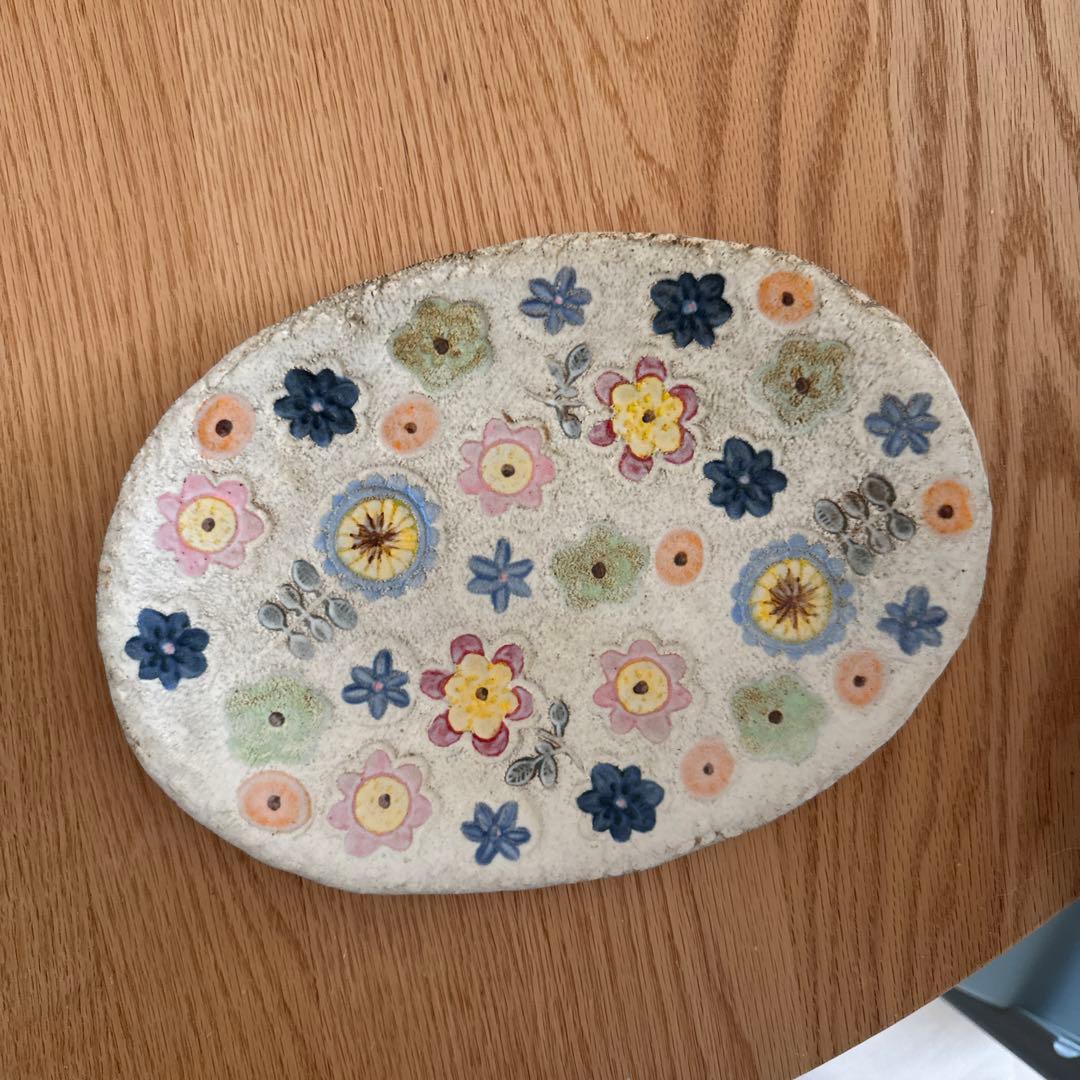 本田あつみ　益子焼き　ワイルドフラワーシリーズ　オーバル皿