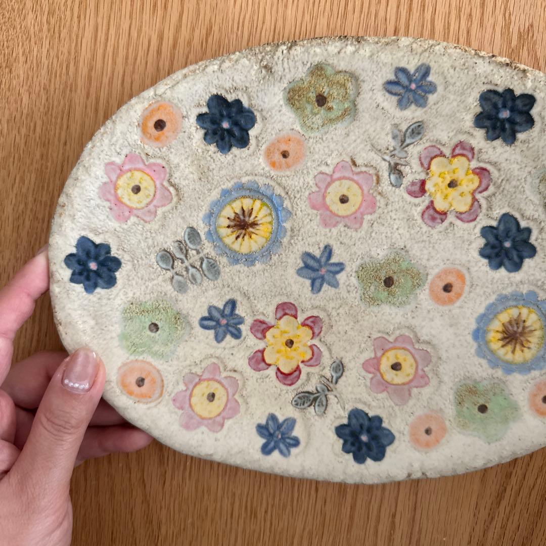 本田あつみ　益子焼き　ワイルドフラワーシリーズ　オーバル皿