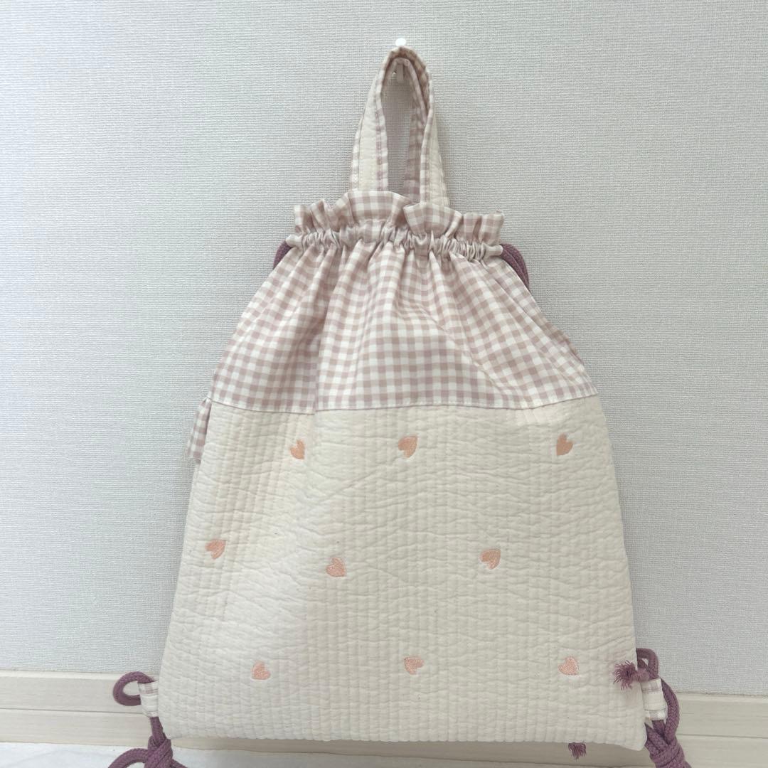 入園入学3点セット　【白地ピンクハートヌビ×くすみピンク】　手提げ　女の子