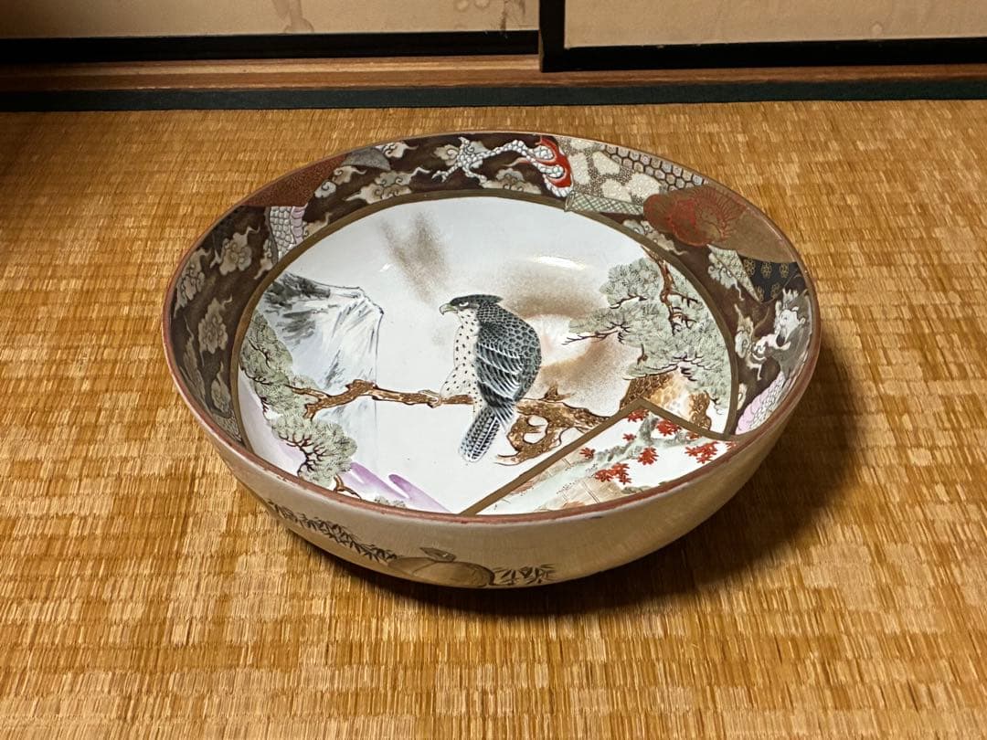 古九谷 九谷焼 鷹・龍・人物 金彩 色絵 大鉢 深鉢【九谷焼石田製】 時代物