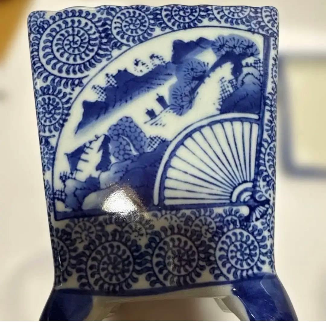 和風角型植木鉢 青白模様　紅色梅の木柄丸鉢角鉢　3種類セット