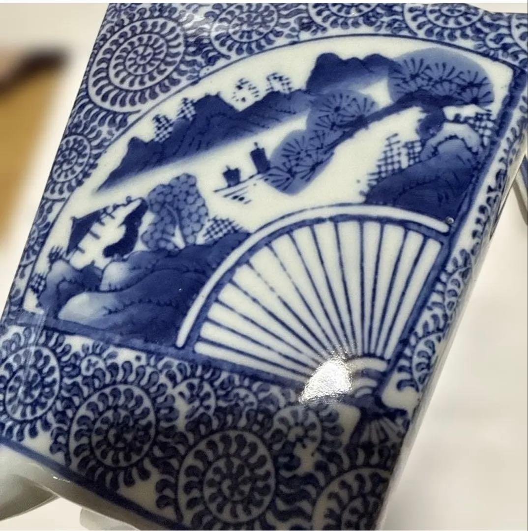 和風角型植木鉢 青白模様　紅色梅の木柄丸鉢角鉢　3種類セット