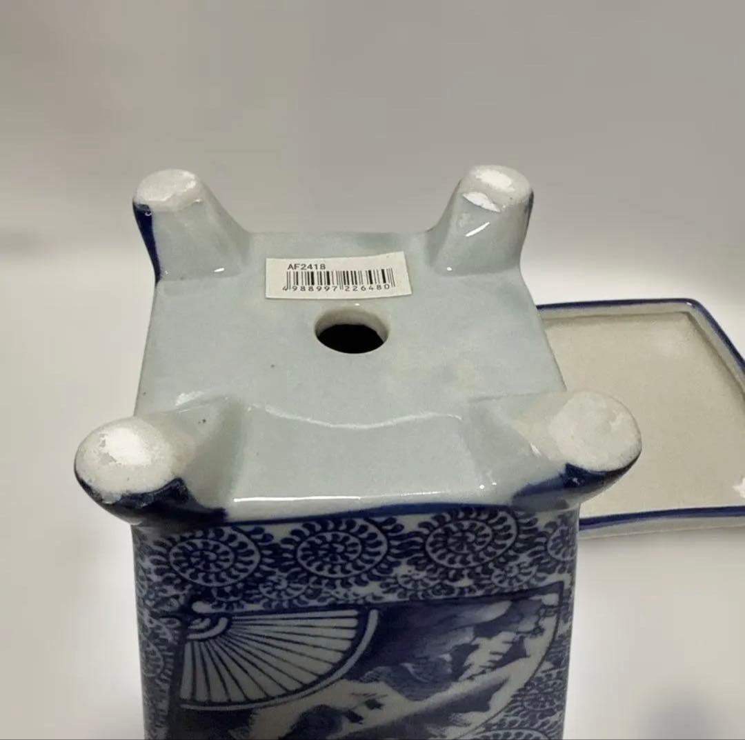 和風角型植木鉢 青白模様　紅色梅の木柄丸鉢角鉢　3種類セット