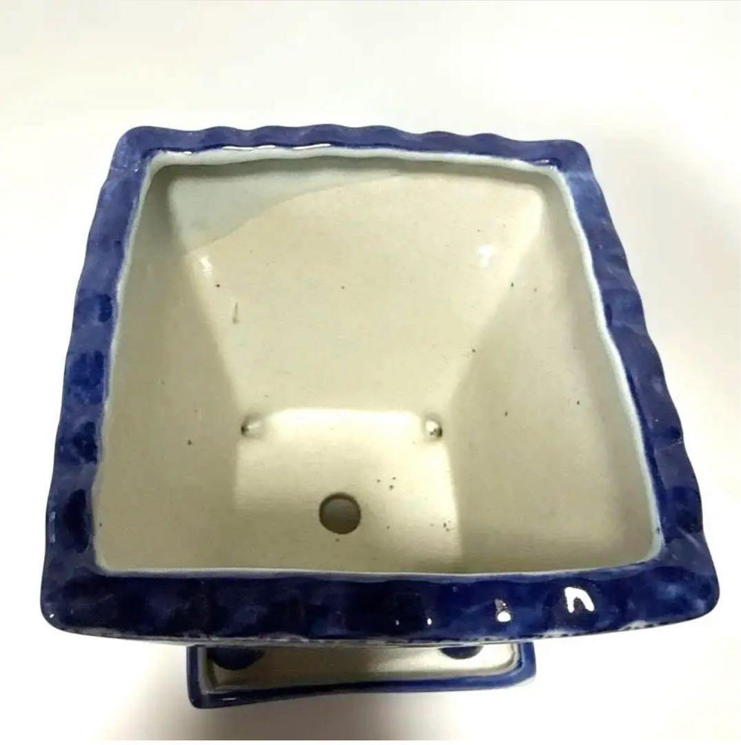 和風角型植木鉢 青白模様　紅色梅の木柄丸鉢角鉢　3種類セット