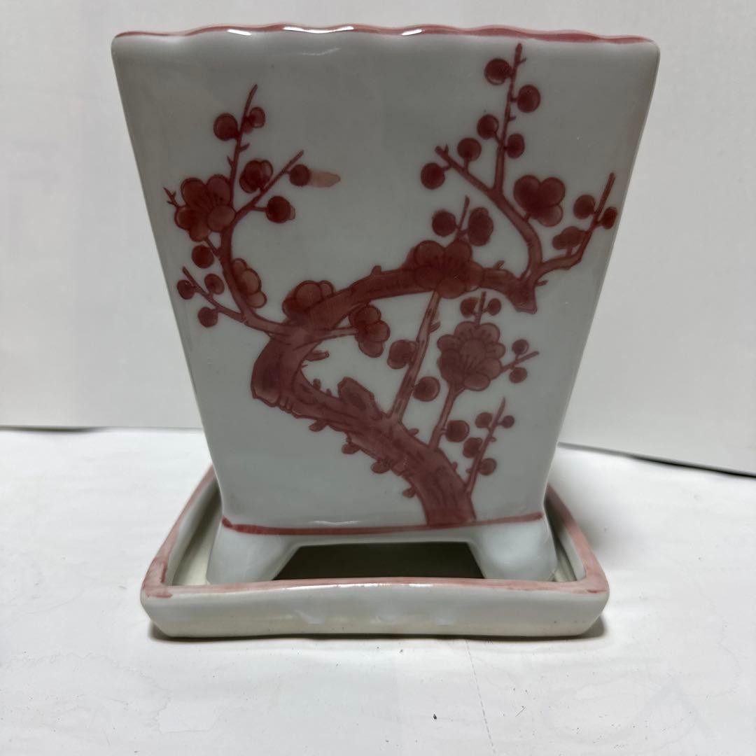 和風角型植木鉢 青白模様　紅色梅の木柄丸鉢角鉢　3種類セット