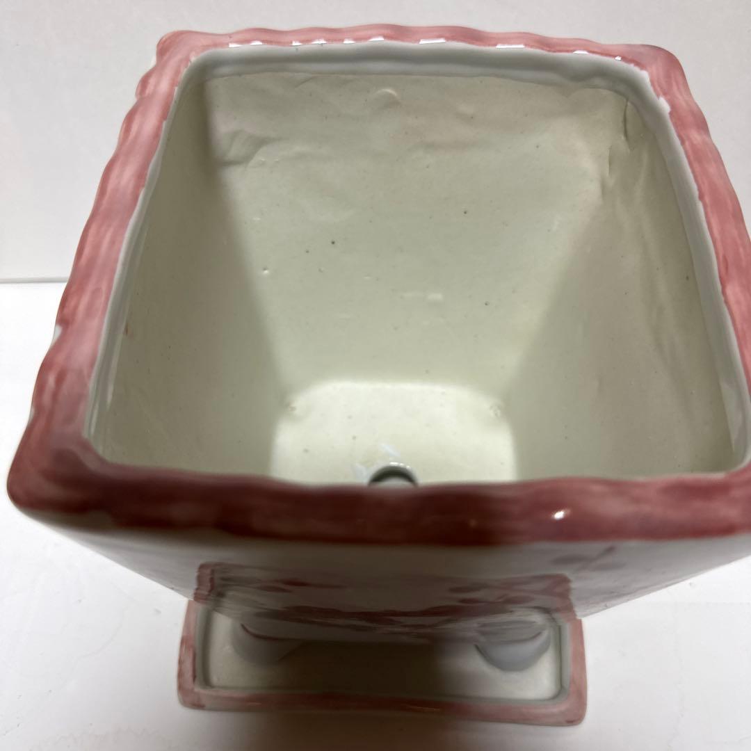 和風角型植木鉢 青白模様　紅色梅の木柄丸鉢角鉢　3種類セット