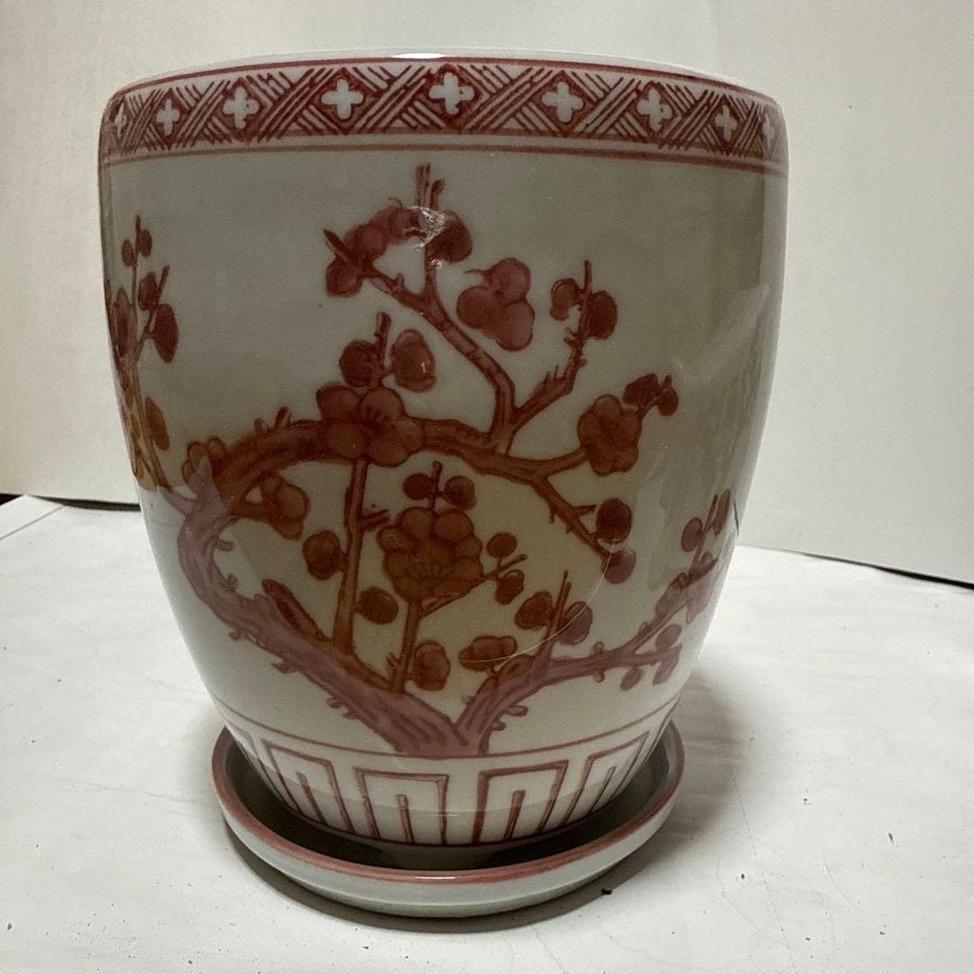 和風角型植木鉢 青白模様　紅色梅の木柄丸鉢角鉢　3種類セット