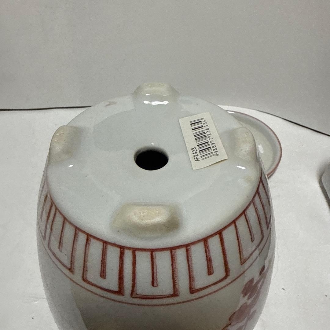 和風角型植木鉢 青白模様　紅色梅の木柄丸鉢角鉢　3種類セット