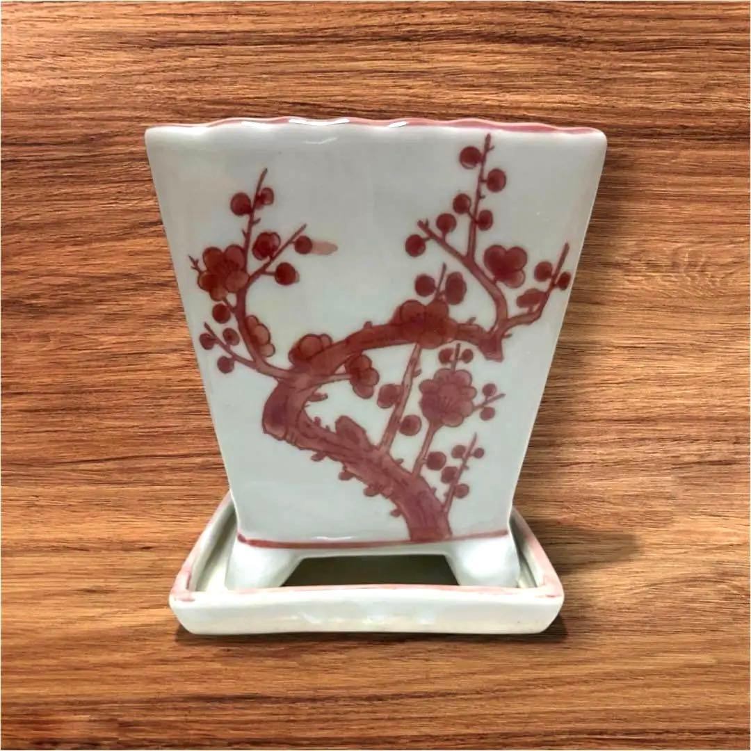 和風角型植木鉢 青白模様　紅色梅の木柄丸鉢角鉢　3種類セット