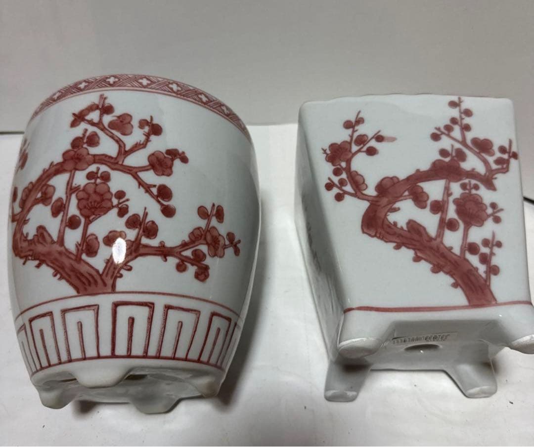 和風角型植木鉢 青白模様　紅色梅の木柄丸鉢角鉢　3種類セット