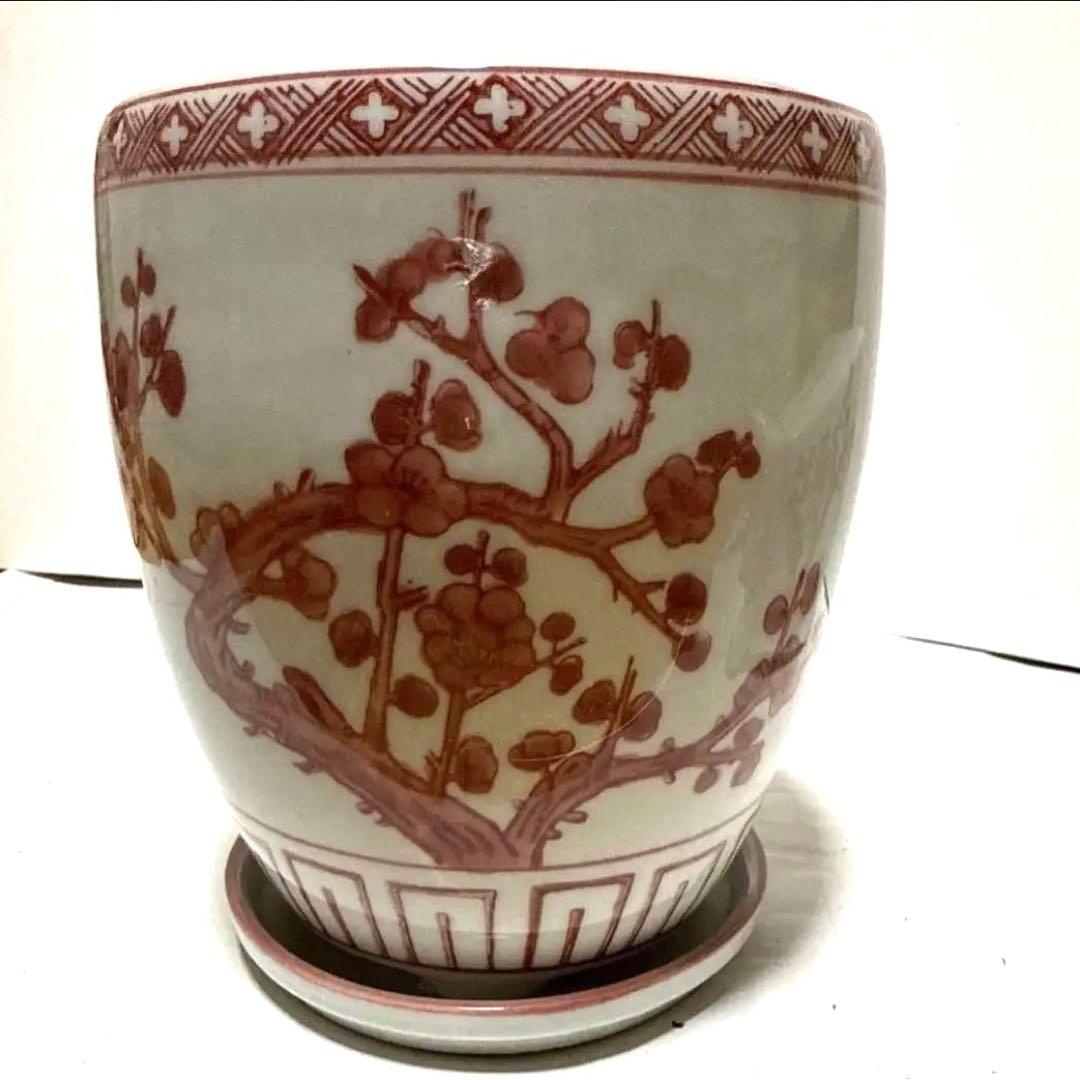 和風角型植木鉢 青白模様　紅色梅の木柄丸鉢角鉢　3種類セット