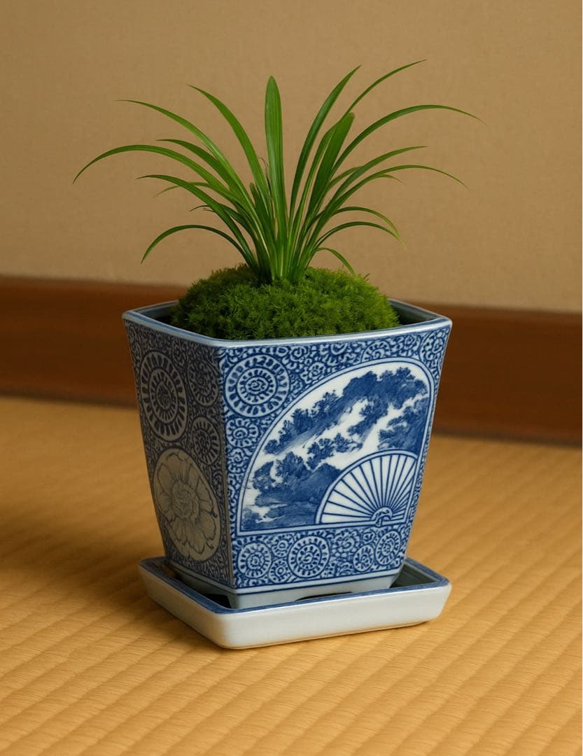 和風角型植木鉢 青白模様　紅色梅の木柄丸鉢角鉢　3種類セット