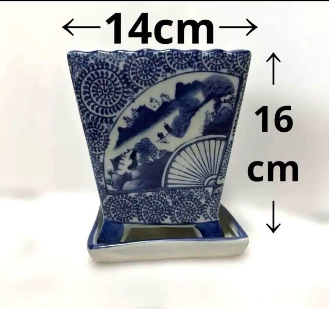 和風角型植木鉢 青白模様　紅色梅の木柄丸鉢角鉢　3種類セット